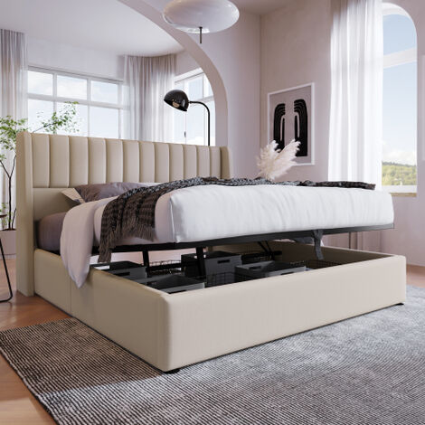 Liberté – Lit coffre double 180x200cm – Rembourré lin beige – Sommier à lattes bois et métal – Grand rangement hydraulique