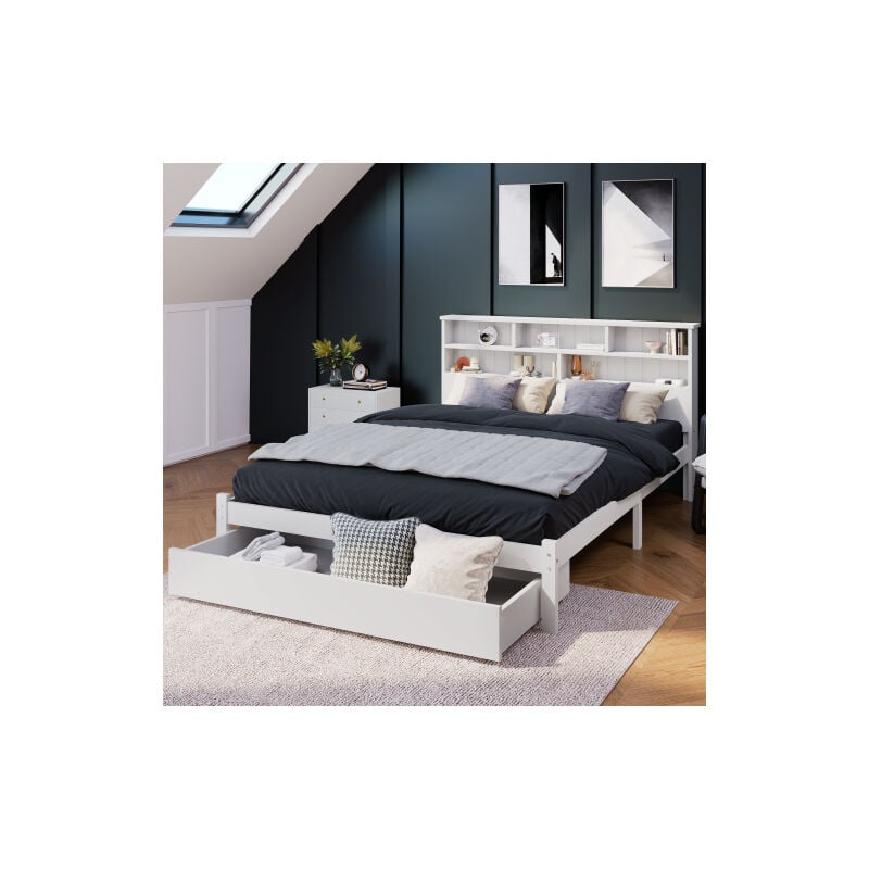 Liberté - Lit double en bois massif avec tiroirs, sommier à lattes et étagère, pour adolescents et adultes 140x200cm - Blanc