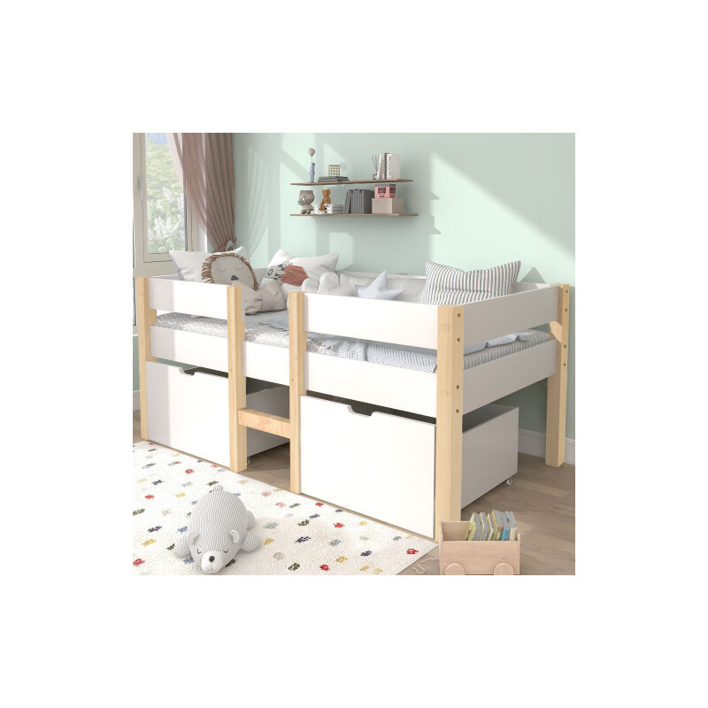 Lit enfant surélevé en bois 90x190cm, avec tiroirs et protection antichute, bois de pin massif - blanc - Liberté