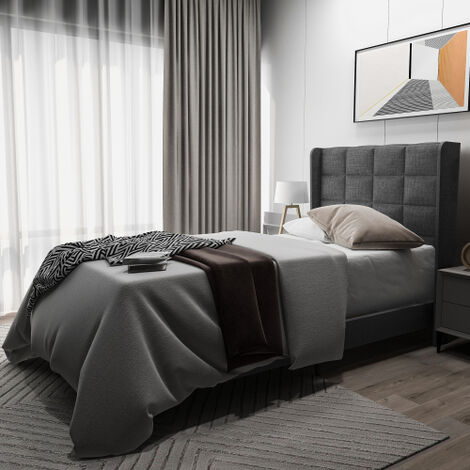 LIBERTÉ Lit simple capitonné au design moderne avec sa tête de lit et sommier à lattes, 90x200cm, en lin gris