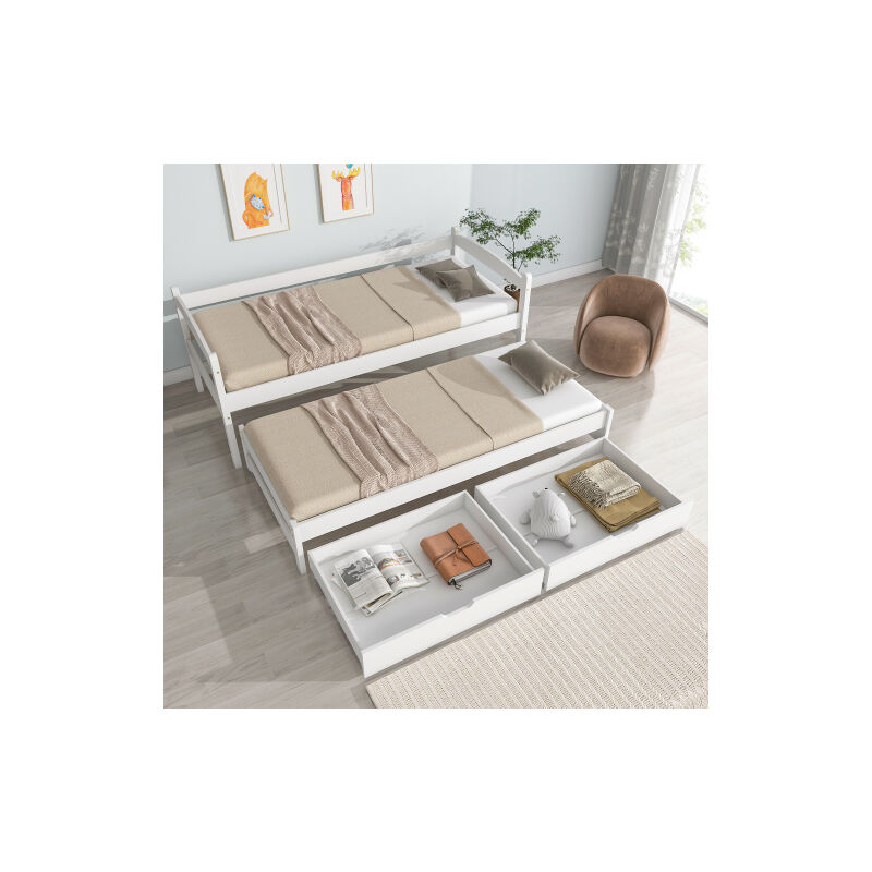 Liberté - Lit simple d'enfant convertible en lit double coulissant avec roulettes en dessous, avec 2 tiroirs en mdf - blanc (200x90cm/190x90cm)