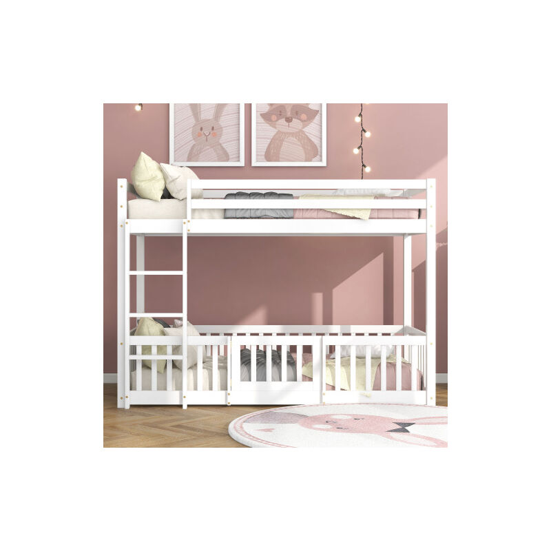 Lit superposé avec escalier à angle droit et portes, lit d'enfant avec protection contre les chutes, en bois de pin massif, blanc (200x90cm) - Liberté