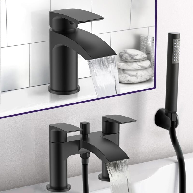 Neshome - Libra Waterfall Basin Mono Mixer Tap, Bath Shower Mixer Tap & Waste Matte Black