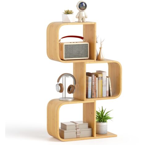 Libreria 3 livelli forma S mensola bambù 3 cubi aperti scaffale geometrico angolare esposizione Naturale