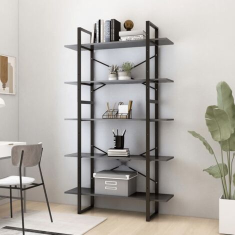 Libreria 5 Ripiani, Scaffale Portaoggetti Grigia 100x30x175 cm in Legno Multistrato KOS89041 BonneVie