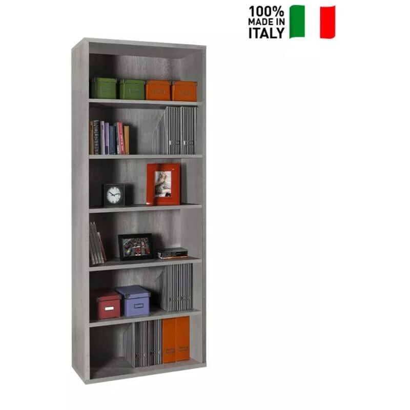 Libreria Alta a 6 Ripiani Regolabili Per Ufficio e Casa Linea Disegno in Legno Color Cemento h 217 cm Made in Italy