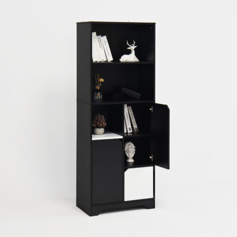 Libreria 60x35x160cm, ripiani aperti e vano chiuso, grande capacità, MDF, Nero, per soggiorno