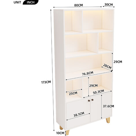 Libreria 80x30x173 cm bianca, LED telecomando, ante doppie, piedi legno, moderna