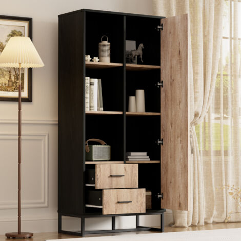 Libreria 80x40x180cm mensole vetrinette con 2 cassetti 1 anta, mobile alto, mobile contenitore, MDF e truciolato, nero e naturale