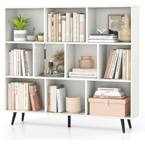 Libreria a 10 cubi 120 x 24 x 107 cm, organizer con 5 gambe in metallo, ripiano affusolato con 2 Kit anticaduta per soggiorno, ufficio, bianco