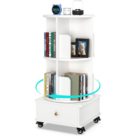 Libreria a 2 ripiani, girevole a 360°, con ruote, scaffale portaoggetti, 40x40x88,5 cm, bianco