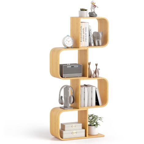 Libreria a 4 livelli a forma di S mensola in bambù con 4 cubi aperti, Libreria per esposizione per riporre Naturale