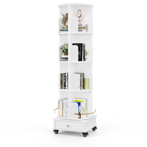 Libreria a 4 ripiani, girevole a 360°, con ruote, scaffale portaoggetti, 40x40x142cm, bianco
