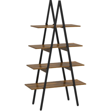 Libreria a 4 ripiani, stile industriale con finitura anticata e struttura in acciaio a forma di A, 92x38,5x166 cm, marrone e nero.