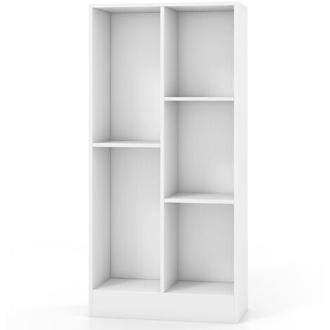 Libreria a 5 cubi con 2 kit antiribaltamento, Organizzatore di stoccaggio autoportante a 3 livelli in legno Bianco
