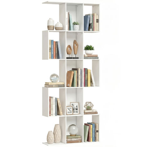 Libreria a 5 ripiani a forma di S per soggiorno, camera da letto, studio, ufficio, 80x24x200 cm, bianca.