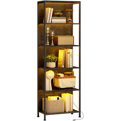 Libreria a 5 ripiani, autoportante con illuminazione a LED, 7 colori di luce, per soggiorno, 60 x 30 x 179 cm, nera.
