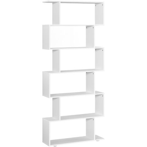 Libreria a 6 ripiani in legno a forma di S, con concetto aperto, ideale per riporre oggetti in casa, ufficio o soggiorno, colore bianco.