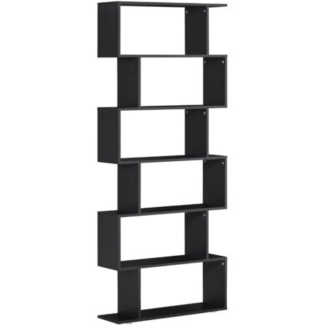 Libreria a 6 ripiani in legno a forma di S, con concetto aperto, ideale per riporre oggetti in casa, ufficio o soggiorno, colore nero.