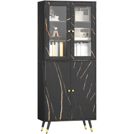 Libreria a 6 ripiani, mobile contenitore con 6 ripiani a giorno, anta in vetro e armadietto, 70 x 35 x 170 cm, nero