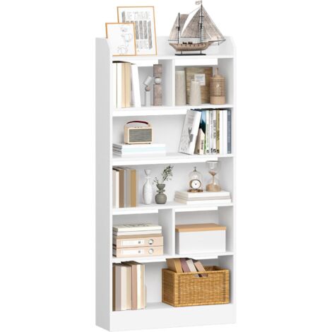 Libreria a 6 Ripiani, Scaffale con Scomparti e Ripiani Aperti, Organizzatore, Libreria Verticale Mobiletto Multiuso per Soggiorno, Camera da Letto, Studio, Bianco