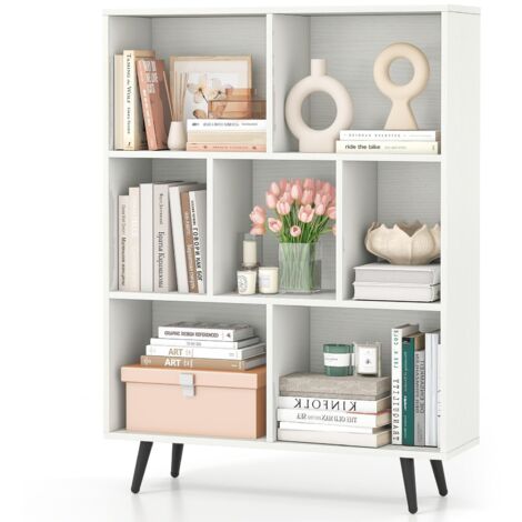 Libreria a 7 cubi 80 x 24 x 107 cm, organizer con 4 gambe in metallo affusolate, ripiano con 2 kit anticaduta per salone, ufficio, bianco