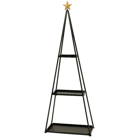 Libreria a forma di albero di natale in ferro con 3 ripiani colore nero con stella in cima, h 172 cm