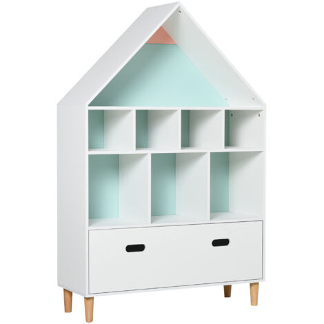 Libreria a forma di casetta per bambini, con cassetto – Blu e bianco