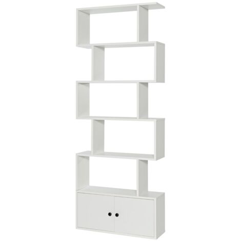 Libreria a forma di S a 5 livelli con ante, Scaffale decorativo in legno per il soggiorno l'ufficio Bianco