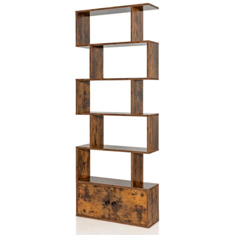 Libreria a forma di S a 5 livelli con ante, Scaffale decorativo in legno per il soggiorno l'ufficio Caffè