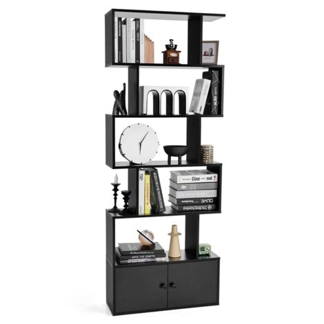 Libreria a forma di S a 5 livelli con ante, Scaffali decorativi in legno per il soggiorno l'ufficio Nero