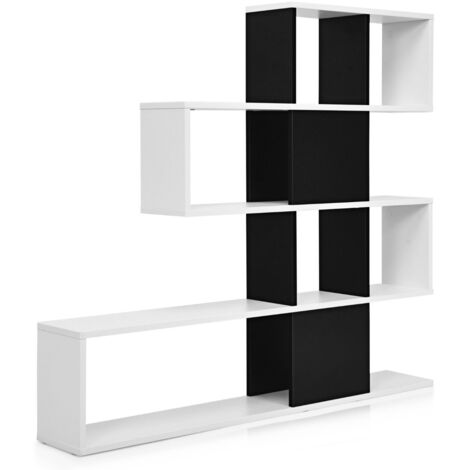 Libreria a forma di scala a 5 livelli con ante, Scaffale decorativo in legno per il soggiorno e l’ufficio Nero