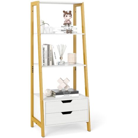Libreria a scala con contenitore, 4 ripiani aperti e 2 cassetti, libreria versatile per camera da letto, soggiorno e ufficio (bianco)
