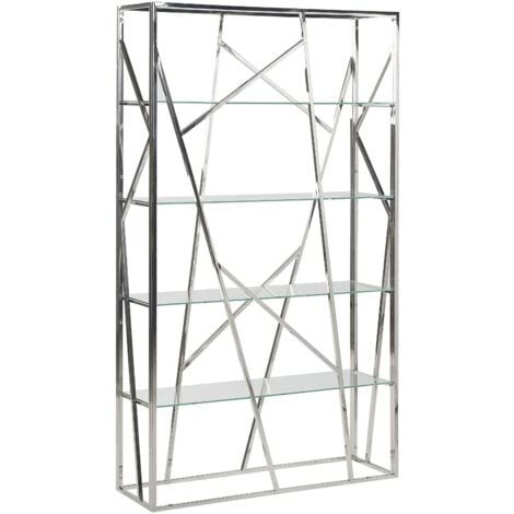 Libreria Acciaio Inox Argento e 4 Ripiani Vetro Temperato 175 x 100 cm Hoxie