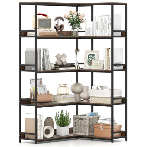 Libreria ad angolo a 5 ripiani a forma di L con struttura in metallo, Scaffale espositivo aperto industriale Marrone