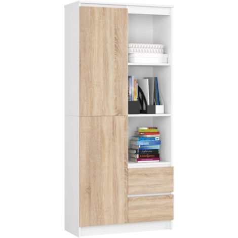 Libreria AKORD R11 Bianco, Sonoma Quercia 80 cm 2 ante 2 cassetti 80x35x180 cm