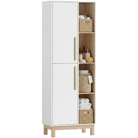 Libreria alta 176 cm, con 4 ripiani a giorno, 2 armadietti, autoportante, in MDF, bianca.