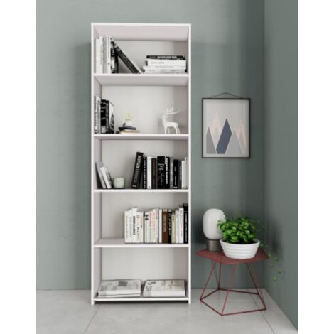 Libreria Alta a 4 Ripiani Per Ufficio e Casa in Legno Bianco H 183 cm in Kit Di Montaggio
