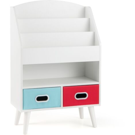 Libreria bambini 3 ripiani scomparto aperto 2 cassetti tessuto pieghevoli scaffale legno Bianco