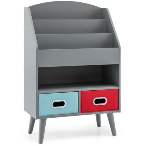 Libreria bambini 3 ripiani scomparto aperto 2 cassetti tessuto pieghevoli scaffale legno Grigio