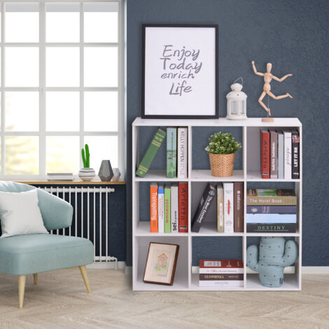 Libreria Bianca per Casa e Ufficio, Scaffale dal Design Moderno con 9 Scomparti in Legno, 91x29.5x91cm