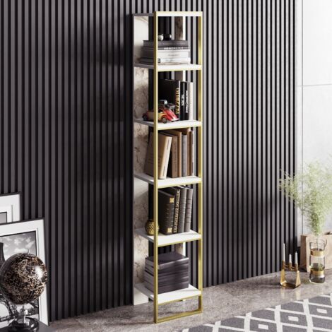 Librería blanca y dorada con estampado de mármol, 32,2 x 178,5 x 31,3 cm, para una lujosa sala de estar o recibidor.