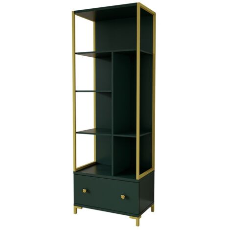 Libreria collezione DOUGLAS colore verde con numerosi vani e finiture dorate, 70 x 200 x 42 cm