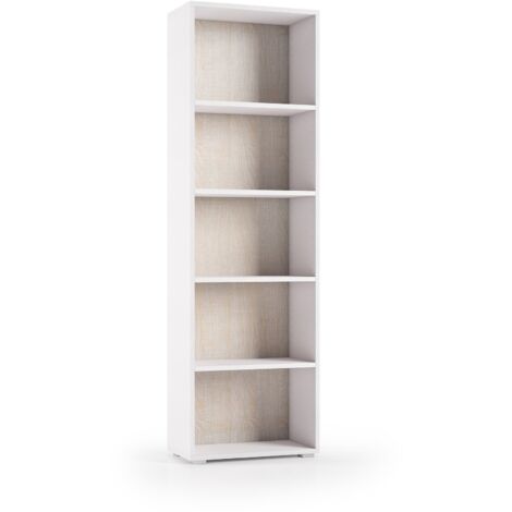 Librería compacta con cinco estantes regulables, blanco, fondo de roble