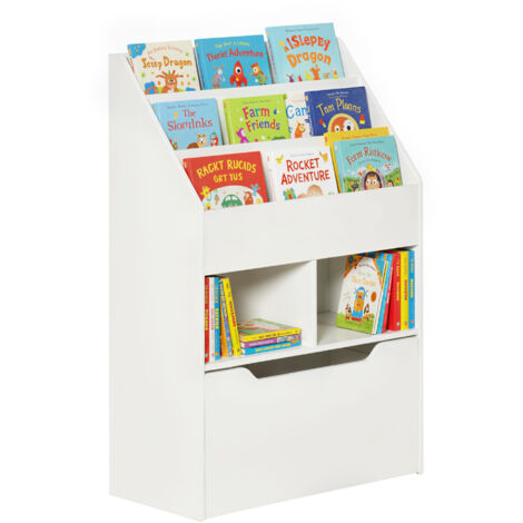 Libreria componibile con 3 ripiani, 2 scomparti e un ampio cassetto in legno, colore bianco.