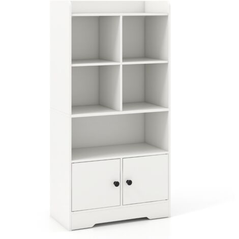 Libreria con 5 scomparti di stoccaggio e 2 armadi, Mobile espositore con mensole aperta per soggiorno e studio Bianco