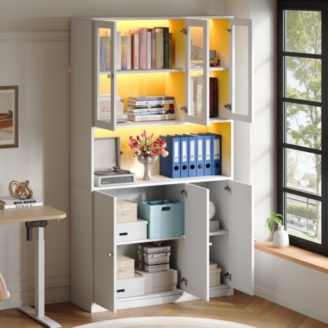 Libreria con ante in vetro e illuminazione a LED, 3 ante, mobile contenitore in MDF bianco, 100x35x200 cm