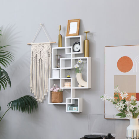 Libreria da Parete Sospesa con 5 Cubi Intrecciati, Scaffale da Parete in Legno per Soggiorno e Salotto 49.5x10.2x86cm, Bianco