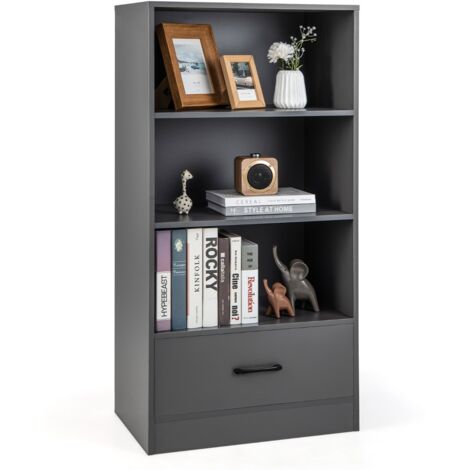 Libreria da terra in legno con cassetto, Scaffale espositivo a 4 livelli per casa 60x38x120cm Grigio scuro