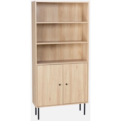 Librería de madera y metal negro con 2 puertas